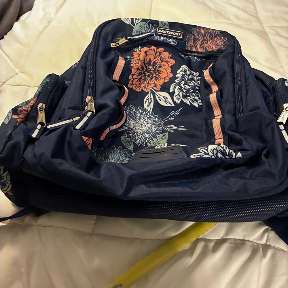 Eastsport Floral Navy Backpack - Peach & Cream Accents Many Compartments - Picture 5 of 9